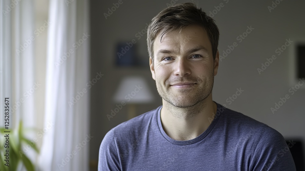 Young man smiling warmly, soft light enhancing his cheerful expression, minimal background. Young man smiling warmly, soft light enhancing his cheerful expression, minimal background.