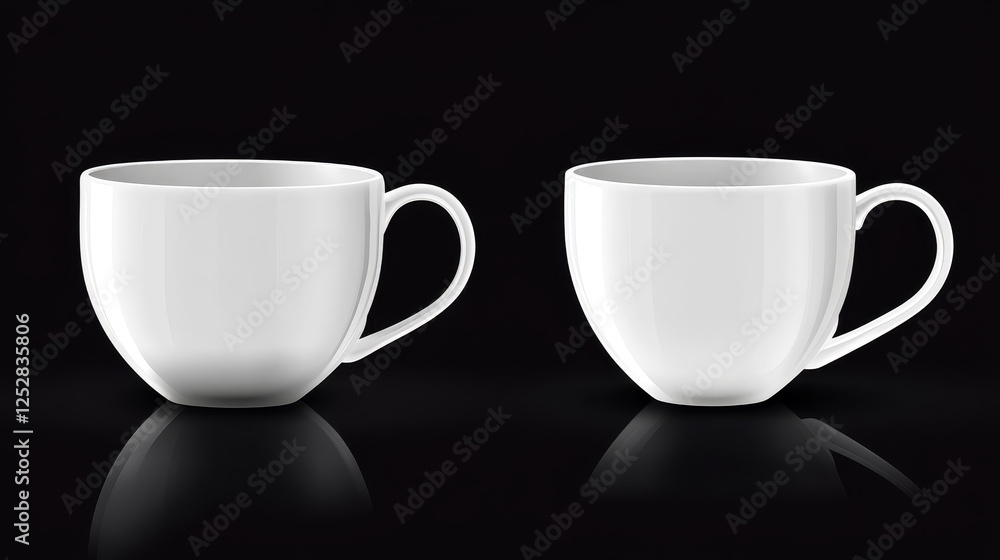 White cup mockup template design. 3d tea or coffee porcelain mug with handle vector mock up. Realistic side view office teacup illustration for corporate branding or advertising with reflection. White cup mockup template design. 3d tea or coffee porcelain mug with handle vector mock up. Realistic side view office teacup illustration for corporate branding or advertising with reflection.