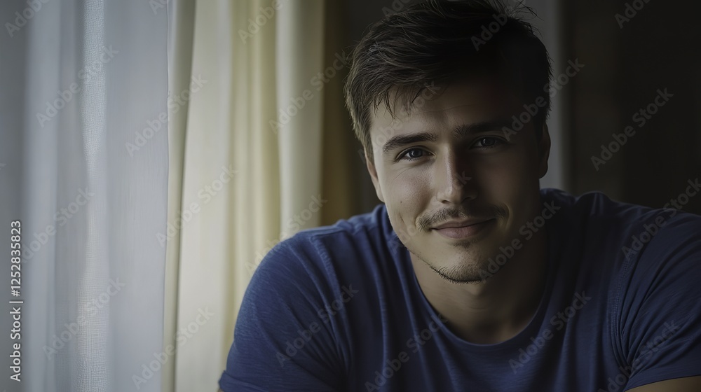 Young man smiling warmly, soft light enhancing his cheerful expression, minimal background. Young man smiling warmly, soft light enhancing his cheerful expression, minimal background.