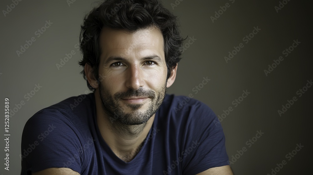 Young man smiling warmly, soft light enhancing his cheerful expression, minimal background. Young man smiling warmly, soft light enhancing his cheerful expression, minimal background.