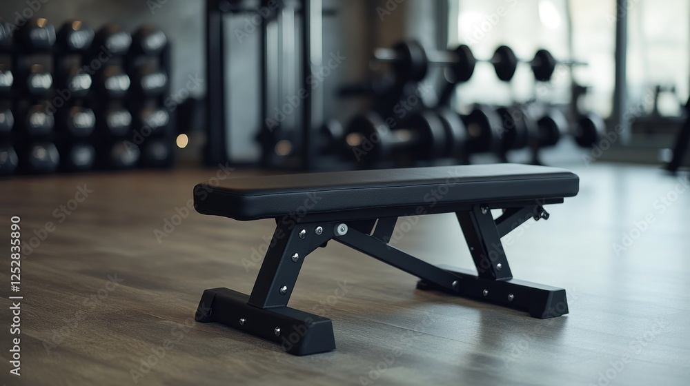 A black adjustable weight bench sits in a modern gym. Dumbbells are in the background, suggesting a workout environment. The bench is clean and well-maintained A black adjustable weight bench sits in a modern gym. Dumbbells are in the background, suggesting a workout environment. The bench is clean and well-maintained