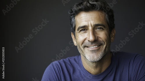 Young man smiling warmly, soft light enhancing his cheerful expression, minimal background.