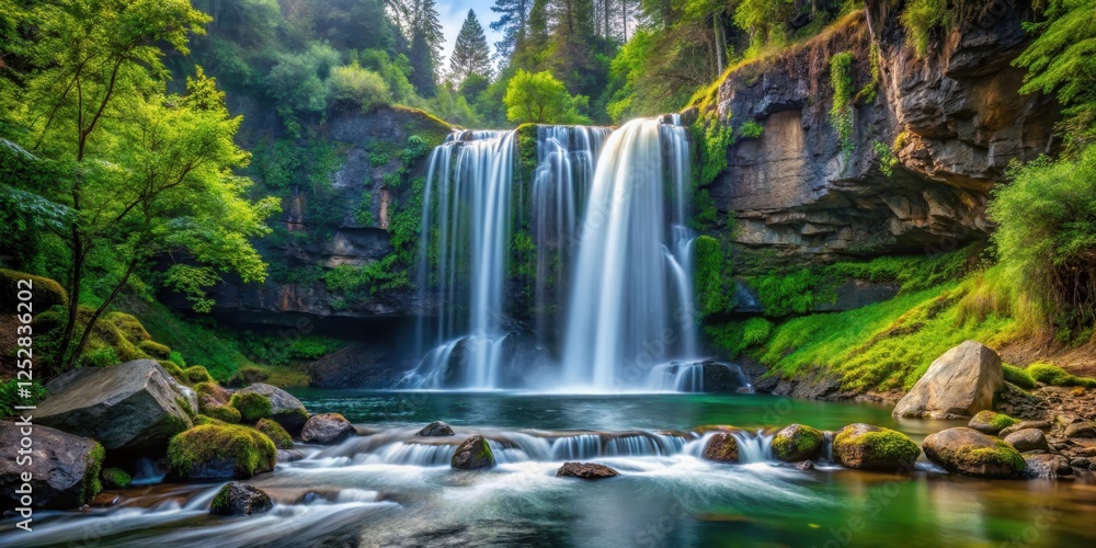 Obraz premium Majestic waterfall flowing down rocky cliff into serene forest stream, waterfall, cascading