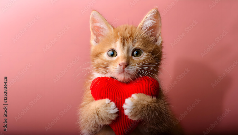 Cute ginger kitten lovingly hugging a red heart-shaped toy against a soft pink background, perfect for Valentine's Day love banner Cute ginger kitten lovingly hugging a red heart-shaped toy against a soft pink background, perfect for Valentine's Day love banner