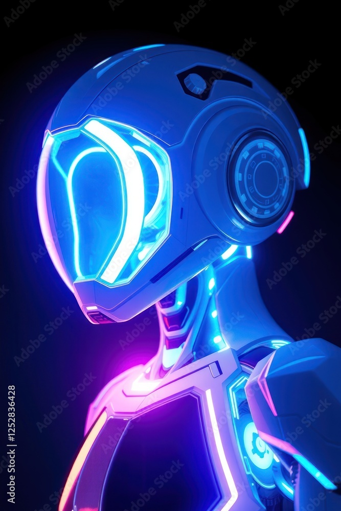 Futuristic robotic figure with glowing blue and pink lights against a dark background, showcasing advanced technology