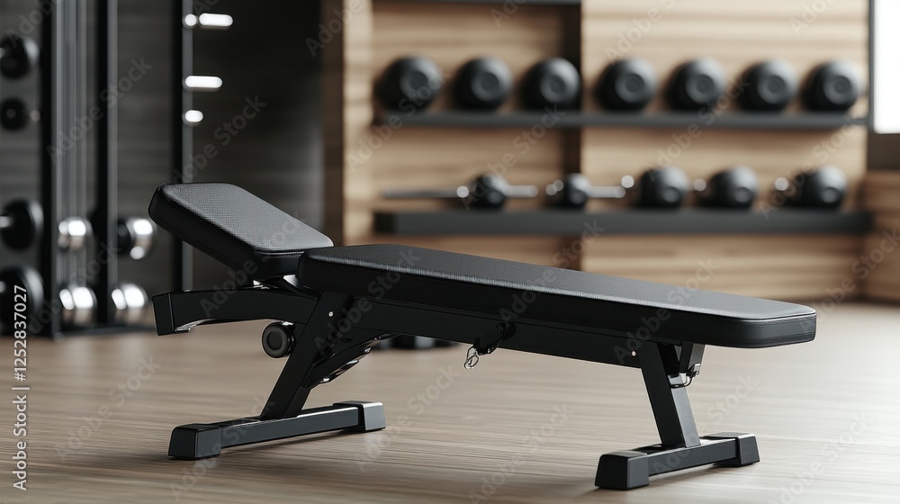A black adjustable weight bench sits in a modern gym. Dumbbells are in the background, suggesting a workout environment. The bench is clean and well-maintained A black adjustable weight bench sits in a modern gym. Dumbbells are in the background, suggesting a workout environment. The bench is clean and well-maintained