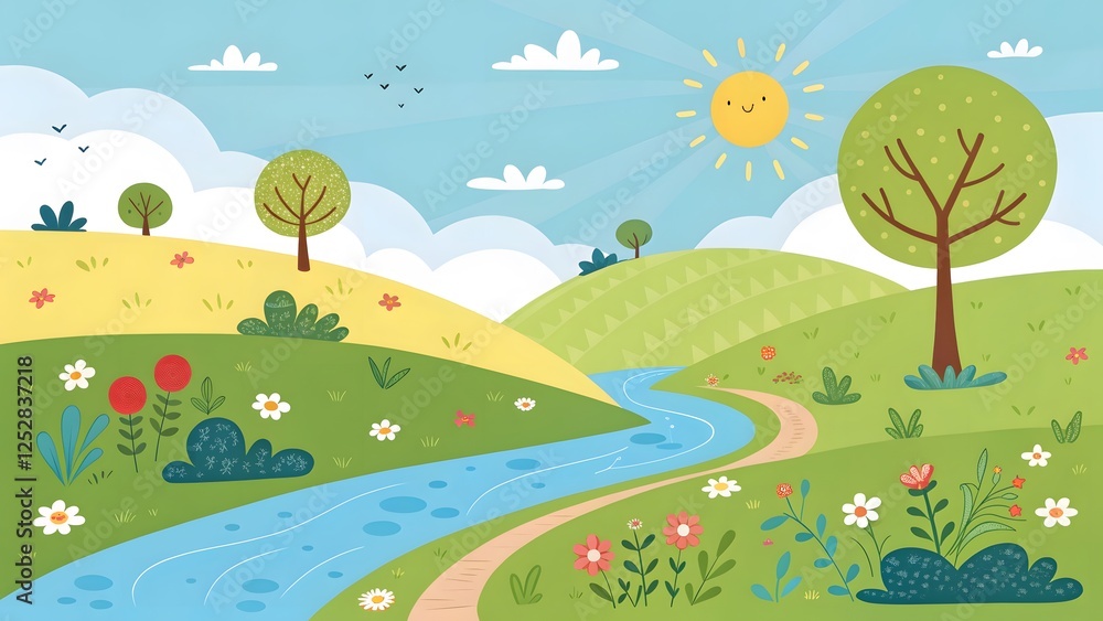 Obraz premium Serene Landscape with River, Trees, Sun and Colorful Flowers
