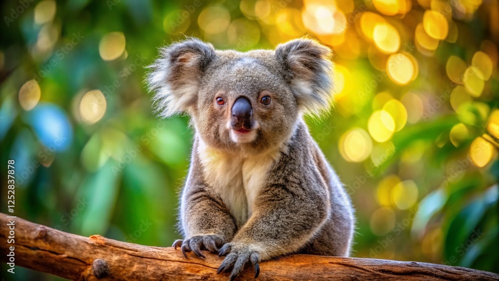 Fototapeta premium Adorable Koala Close-Up: Sitting on Branch, Looking Left - High-Resolution Stock Photo