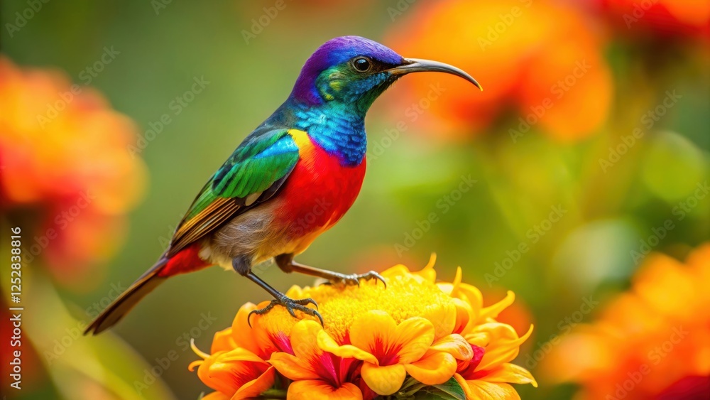 Obraz premium Vibrant sunbird perched on colorful flower, sunbird, vibrant, colorful, flower, bird, nature, wildlife, tropical