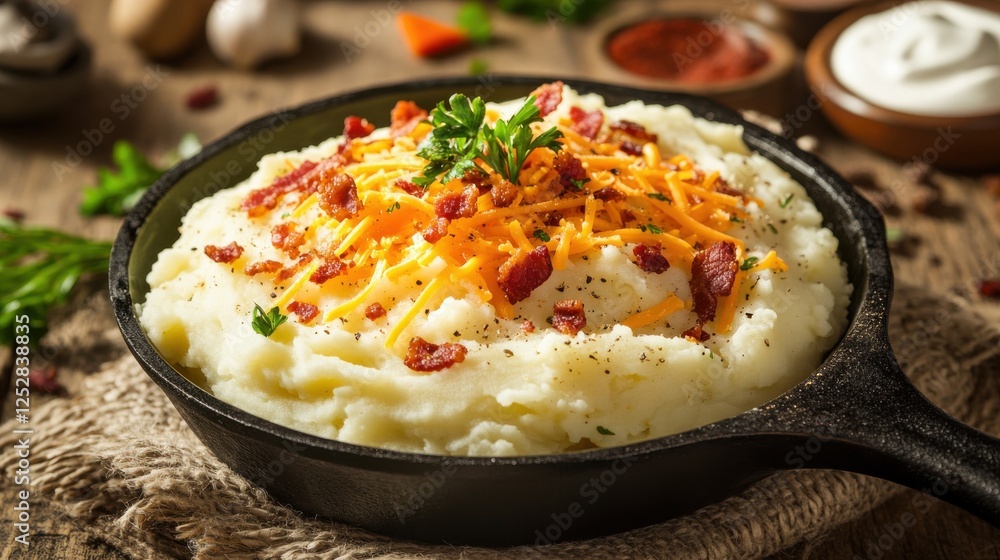 Mashed potatoes served in a cast iron skillet, topped with shredded cheese and crispy bacon bits, placed on a rustic table with a side of sour cream. Mashed potatoes served in a cast iron skillet, topped with shredded cheese and crispy bacon bits, placed on a rustic table with a side of sour cream.