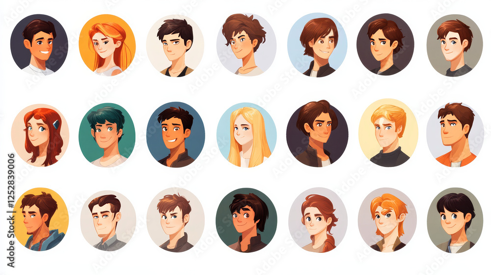 People avatars for social media profile. Vector flat illustration of set of men and women faces, diverse person heads with different hairstyle in circle frame. Portraits of female and male characters People avatars for social media profile. Vector flat illustration of set of men and women faces, diverse person heads with different hairstyle in circle frame. Portraits of female and male characters