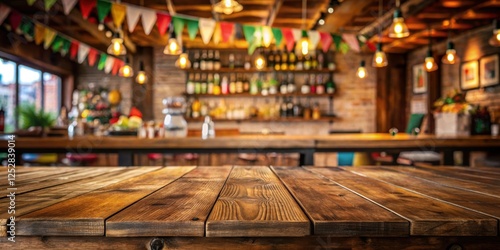 Wooden bar with Mexican restaurant background for product mockups, bar, table, Mexican style, restaurant, blurred