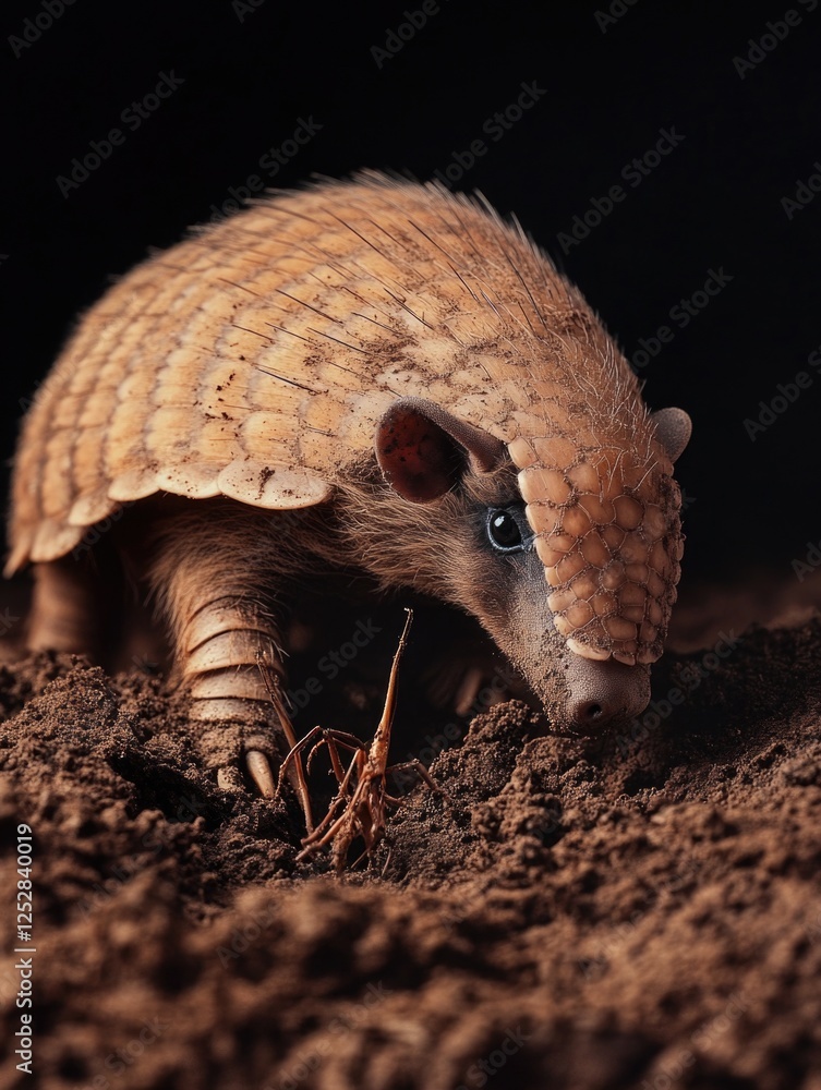 Obraz premium This pangolin is in the process of digging a burrow. It's burying itself with its sharp claws, which is typical behavior for this species when it wants to avoid predators or rest.