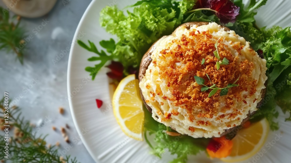 Stuffed champignon mushrooms filled with cheese and breadcrumbs, beautifully baked and served on a white plate with a side of fresh greens and a lemon wedge. Stuffed champignon mushrooms filled with cheese and breadcrumbs, beautifully baked and served on a white plate with a side of fresh greens and a lemon wedge.