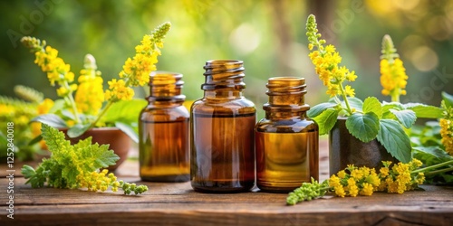 Aromatherapy essential oil bottles with agrimony plant in bloom, aromatherapy, essential oil, bottles
