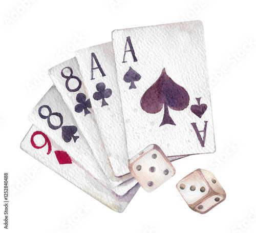 Dead Man's Hand card layout, Texas Hold'em poker cards Watercolor hand painted illustration