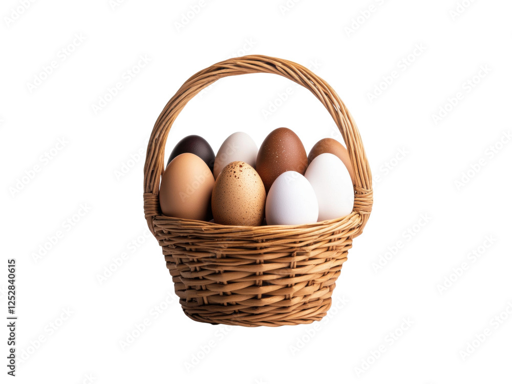 A basket filled with various eggs against a black background. A basket filled with various eggs against a black background.