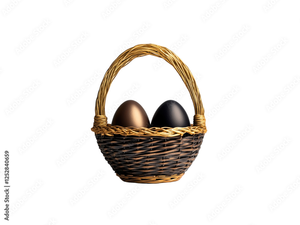 Basket with two decorative eggs on a black background. Basket with two decorative eggs on a black background.