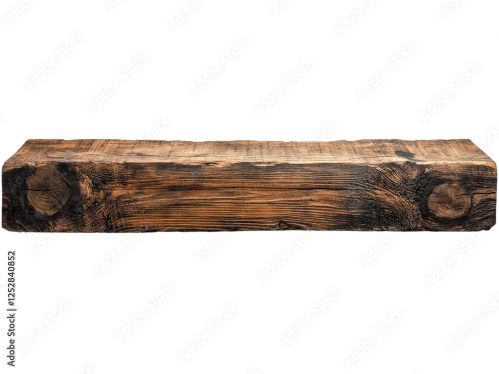 Weathered wooden beam with distinct textures and markings on a black background. Weathered wooden beam with distinct textures and markings on a black background.