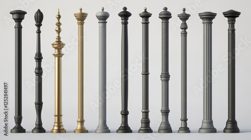 3d metal pole base of different shapes and colors. Realistic vector set of grey and black, gold and bronze metallic column pipe with screws for advertising billboard, signpost or streetlight. photo