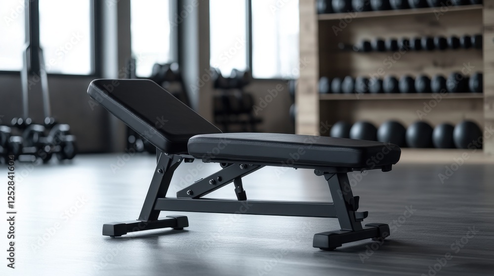 A black adjustable weight bench sits in a modern gym. Dumbbells are in the background, suggesting a workout environment. The bench is clean and well-maintained A black adjustable weight bench sits in a modern gym. Dumbbells are in the background, suggesting a workout environment. The bench is clean and well-maintained