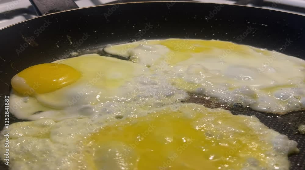 The glass lid of the frying pan rises, and a delicious fried egg sizzles under it. The glass lid of the frying pan rises, and a delicious fried egg sizzles under it.