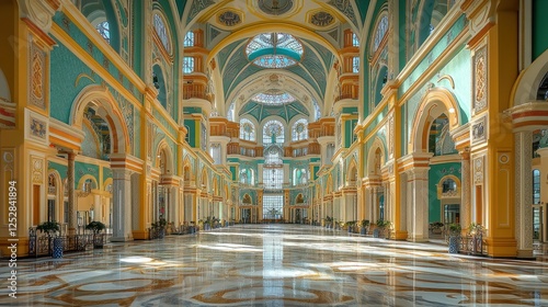 Grand interior of a vibrant hall with ornate architecture, sunlight streaming through large windows