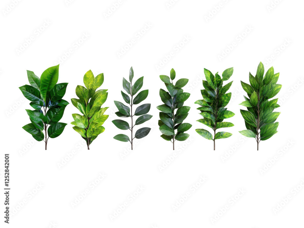 Various green leaves arranged in a line against a black background, showcasing different shapes and shades. Various green leaves arranged in a line against a black background, showcasing different shapes and shades.