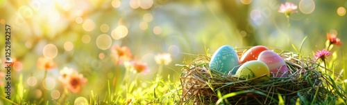 Colorful Easter eggs in a cozy bird nest, bright spring flowers, and bokeh sunlight creating a joyful spring holiday scene. photo