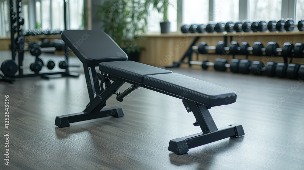 Fototapeta premium A black adjustable weight bench sits in a modern gym. Dumbbells are in the background, suggesting a workout environment. The bench is clean and well-maintained