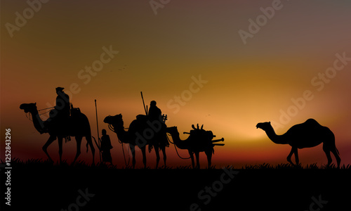 Camel caravan silhouettes going through the desert landsacpe vector illustration. Use for islamic background design, Ramadan Karrem, Eid Mubarak poster, cards, greeting, banner.