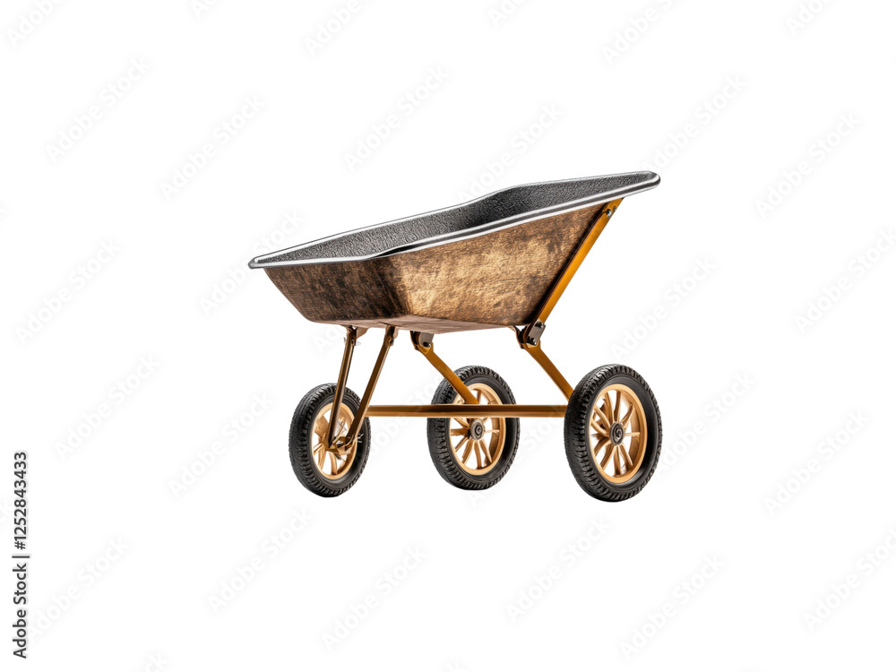 Rusty wheelbarrow with a metallic finish and golden wheels on a black background. Rusty wheelbarrow with a metallic finish and golden wheels on a black background.