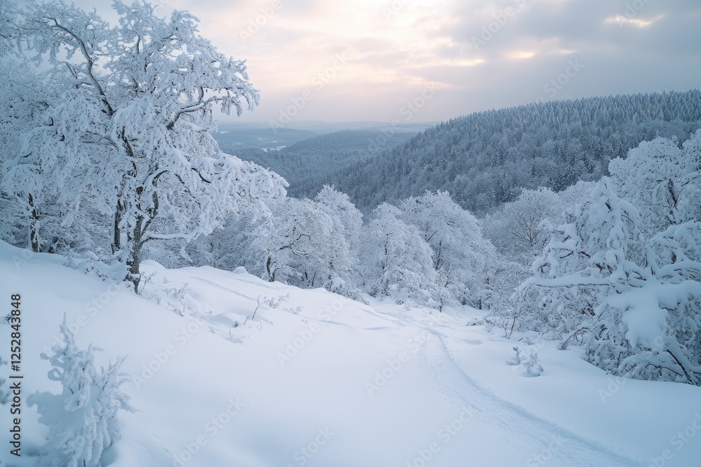 A serene winter path in a snow-covered forest at dusk, with the sky transitioning from light to dark. A serene winter path in a snow-covered forest at dusk, with the sky transitioning from light to dark.