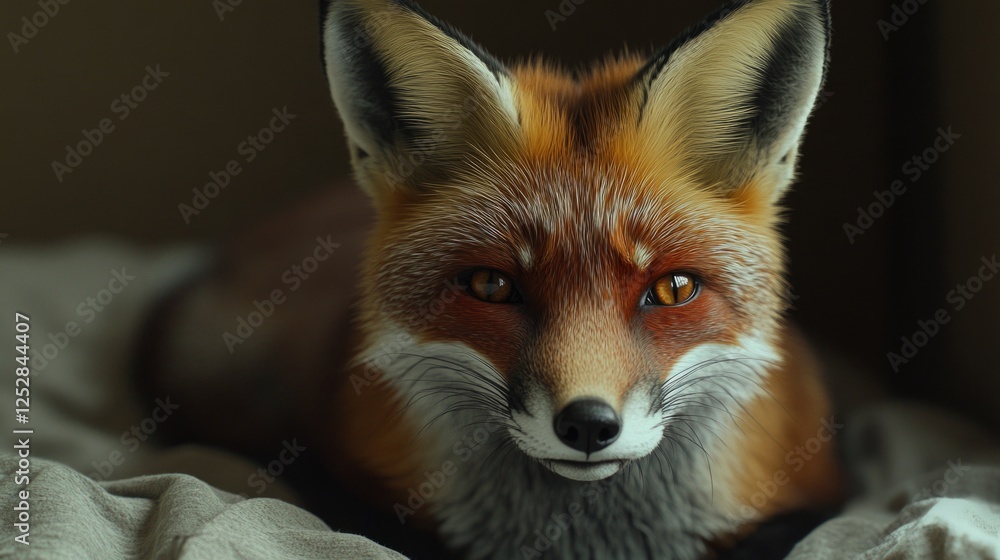 Fototapeta premium Fox lying on a bed with white and gray sheets. Its gaze is direct into the camera, creating an intimate portrait.