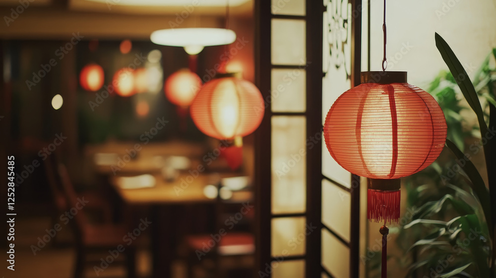 Chinese restaurant empty interior cartoon vector illustration. China cafe dinner room with traditional asian decoration and furniture, oriental red lanterns and folding screen Chinese restaurant empty interior cartoon vector illustration. China cafe dinner room with traditional asian decoration and furniture, oriental red lanterns and folding screen