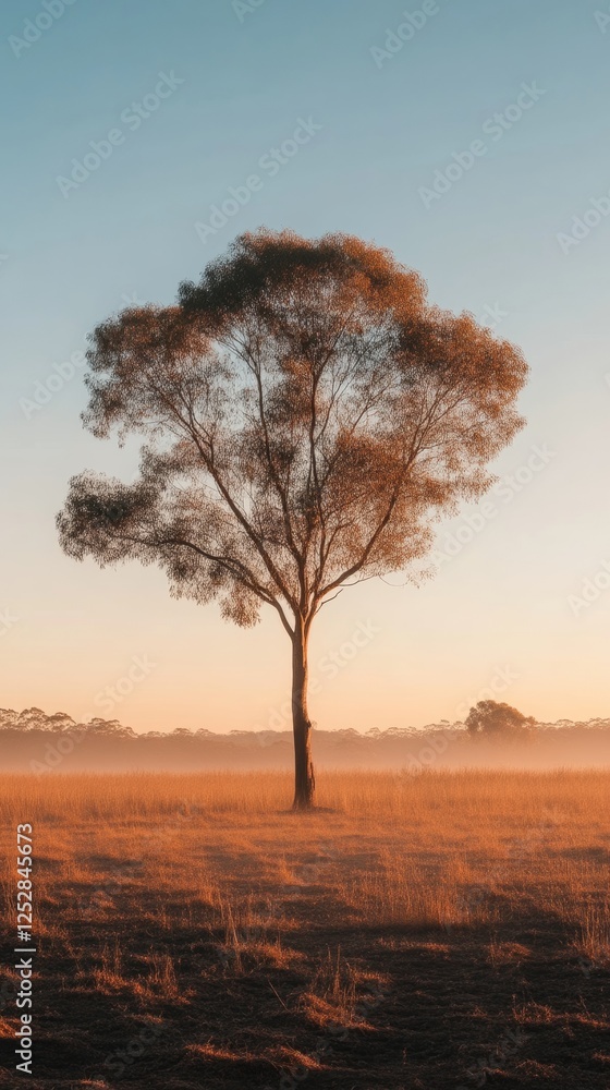 Solitary tree in misty sunset landscape, serene nature scene. Tranquility and solitude concept Solitary tree in misty sunset landscape, serene nature scene. Tranquility and solitude concept