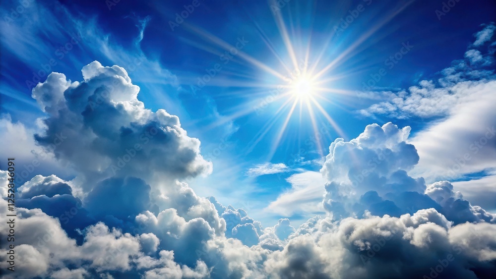 Fototapeta premium A bright sun shines through thick grey clouds in a clear blue sky with scattered white puffy clouds, day scene