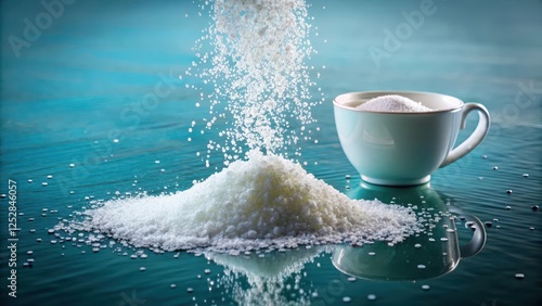 Fine white crystalline granules of sorbitol sweetener overflowing from a cup in a shallow pool, tasty ingredients, food ingredient photo