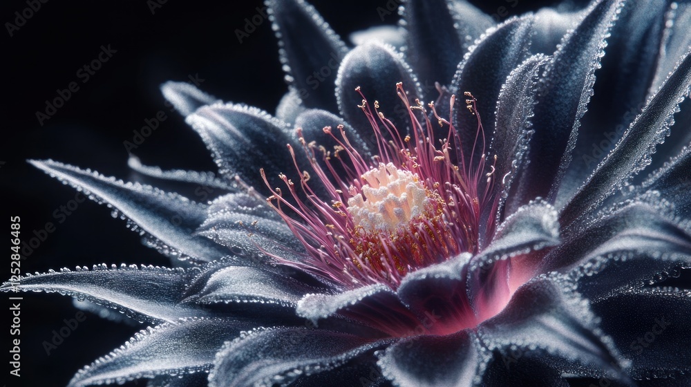Fototapeta premium Dark succulent flower close-up, black background, nature photography, website banner