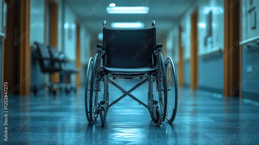 A solitary wheelchair positioned in a hospital corridor, symbolizing care and waiting, with empty chairs in the background A solitary wheelchair positioned in a hospital corridor, symbolizing care and waiting, with empty chairs in the background