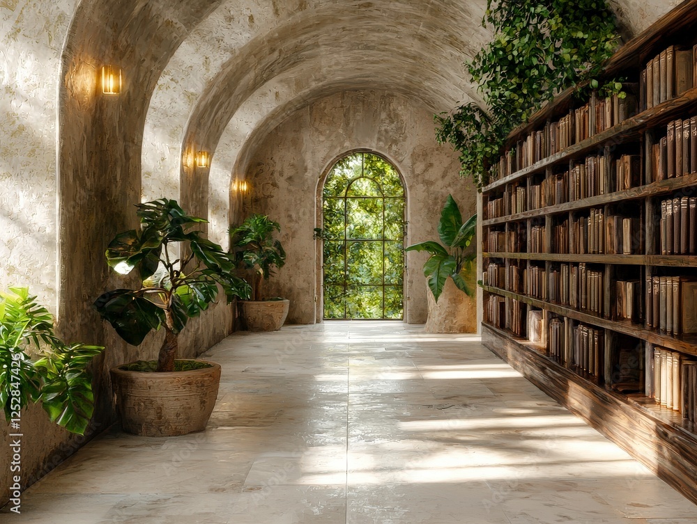 Fototapeta premium Serene Interior Library Space with Natural Light, Arched Windows, and Lush Greenery for Calm Reading Environment