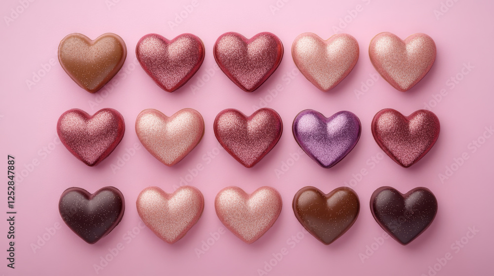 Obraz premium collection of heart shaped cho tes in various shades on pink background