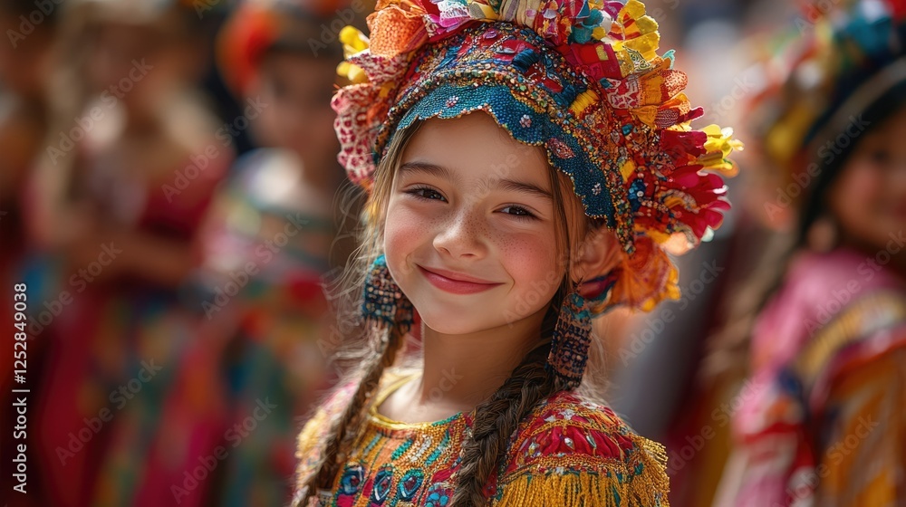 Fototapeta premium Young girl wearing traditional costume smiles during cultural festival in colorful attire in bright sunlight