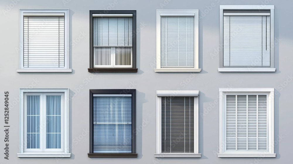 Fototapeta premium Windows with jalousie and roller shutter curtains. Plastic pvc single casement blinds front view. Home facade design elements isolated on transparent background, Realistic 3d vector illustration, set