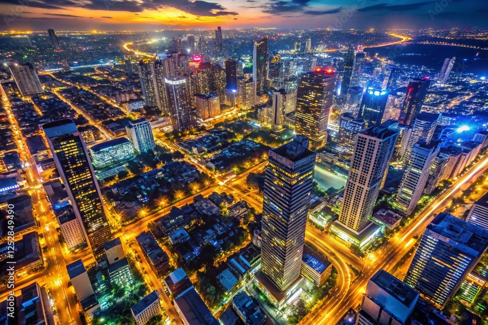 Fototapeta premium Aerial Night Cityscape Portrait: Illuminated Urban Panorama