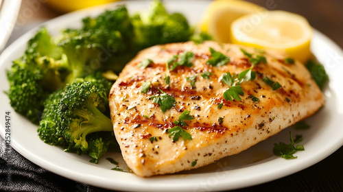 A grilled chicken breast seasoned with herbs, served with steamed broccoli and a lemon wedge on a white plate.
