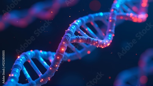 A visually striking representation of a DNA double helix, illuminated with vibrant blue and red lights. The detailed structure highlights the intricate design of genetic material, set against a dark b photo