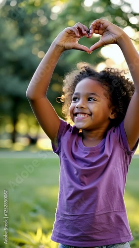 Smiling African American girl making a heart shape with hands in park