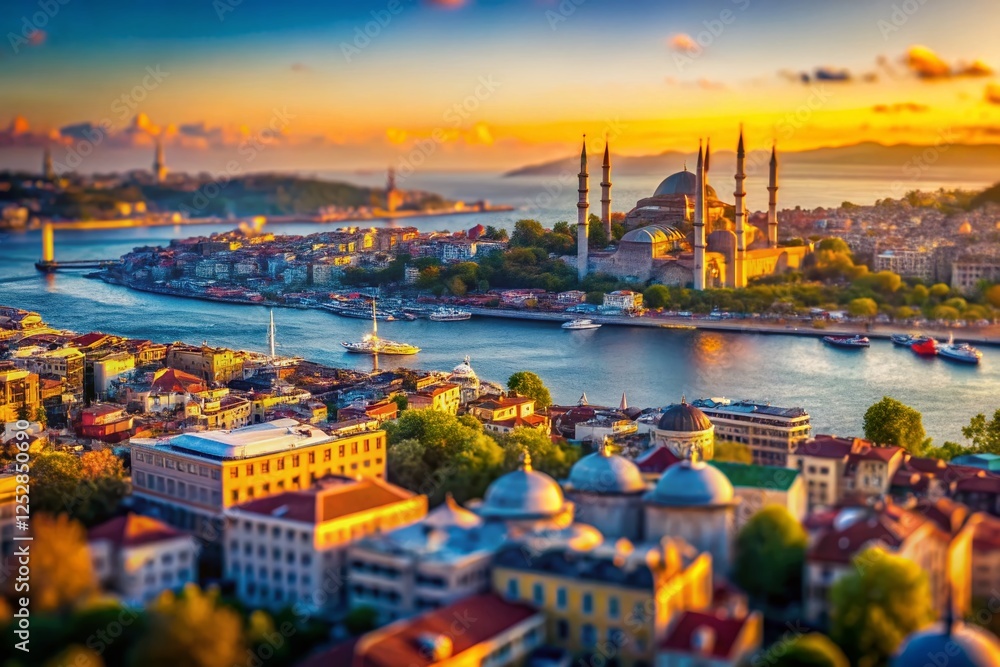 Obraz premium Aerial Tilt-Shift View of Istanbul & Bosporus: Miniature Cityscape