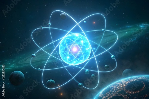 Colorful Atom Model Surrounded by Celestial Bodies and Stars